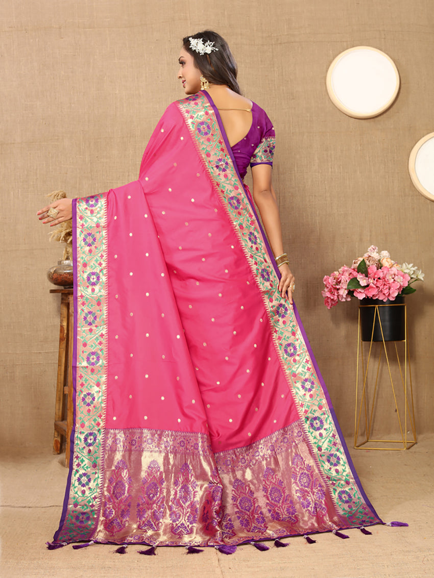 Pink Soft Paithani Silk Saree with Meenakari Zari Woven Pallu