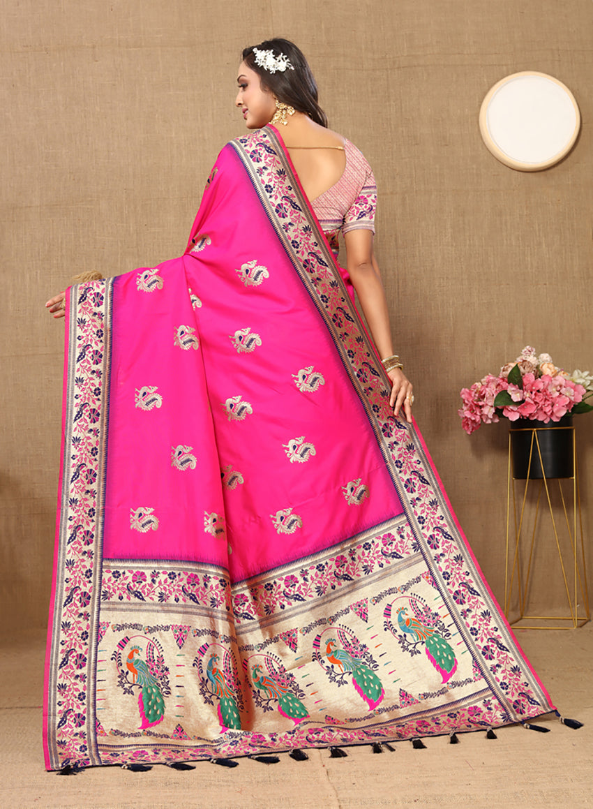 Pink Soft Paithani Silk Saree with Meenakari Zari Pallu