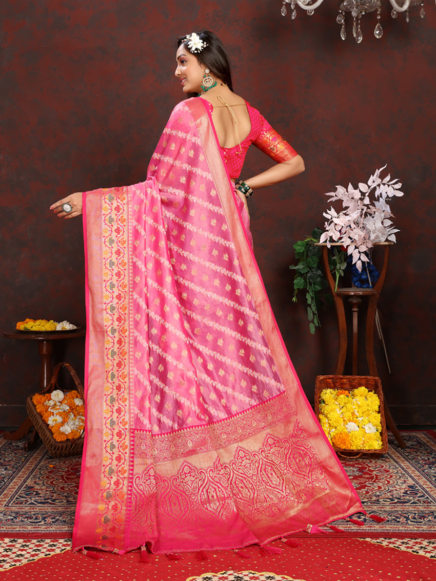 Pink Organza Silk Saree with Meenakari Woven Pallu