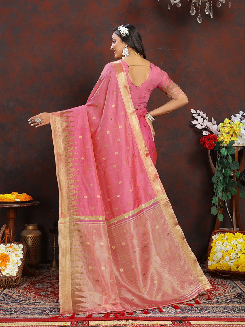 Pink Soft Katan Silk Saree with Traditional Zari Weaving Pallu