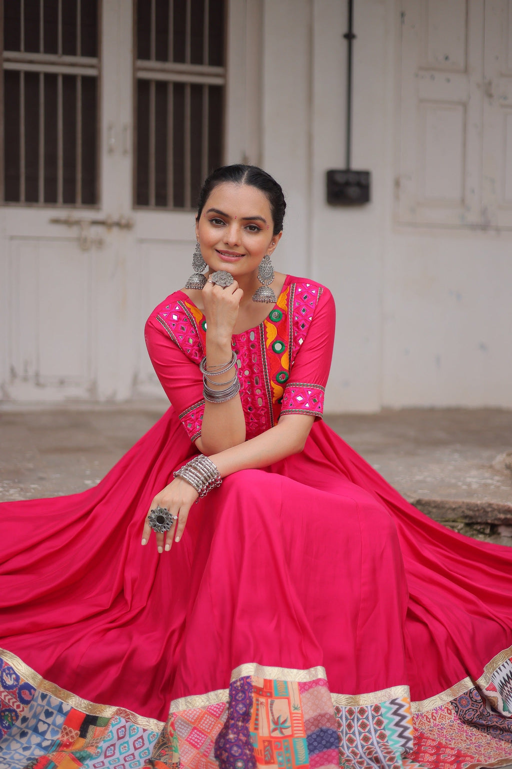 Pink Roman Silk Gown with Mirror Work and Maslin Crochet Print