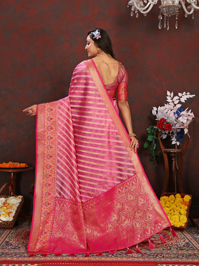 Pink Organza Silk Saree with Rich Meenakari Weaving Pallu