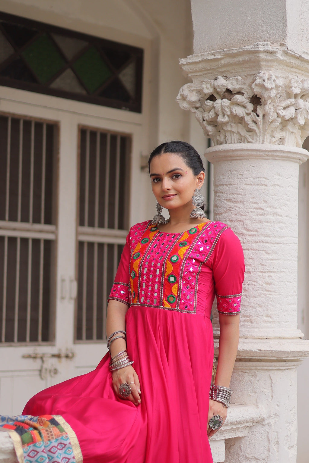Pink Roman Silk Gown with Mirror Work and Maslin Crochet Print