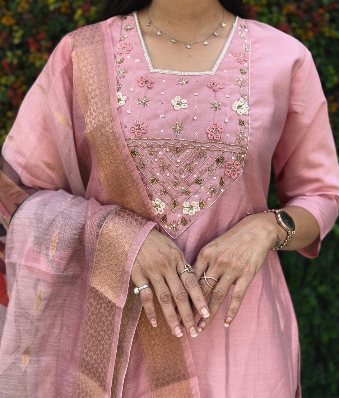 Lorenvalley Fashion Pink Roman Silk Hand Work Kurta Pant with Dupatta