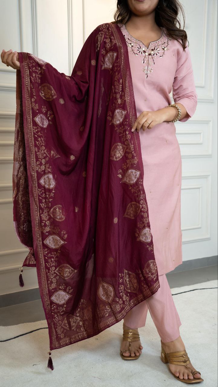 Pink Roman Silk Hand Work Kurta Set with Dupatta for Women