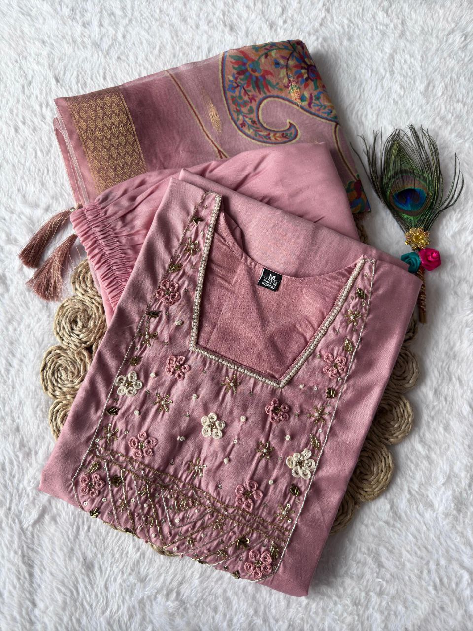 Lorenvalley Fashion Pink Roman Silk Hand Work Kurta Pant with Dupatta