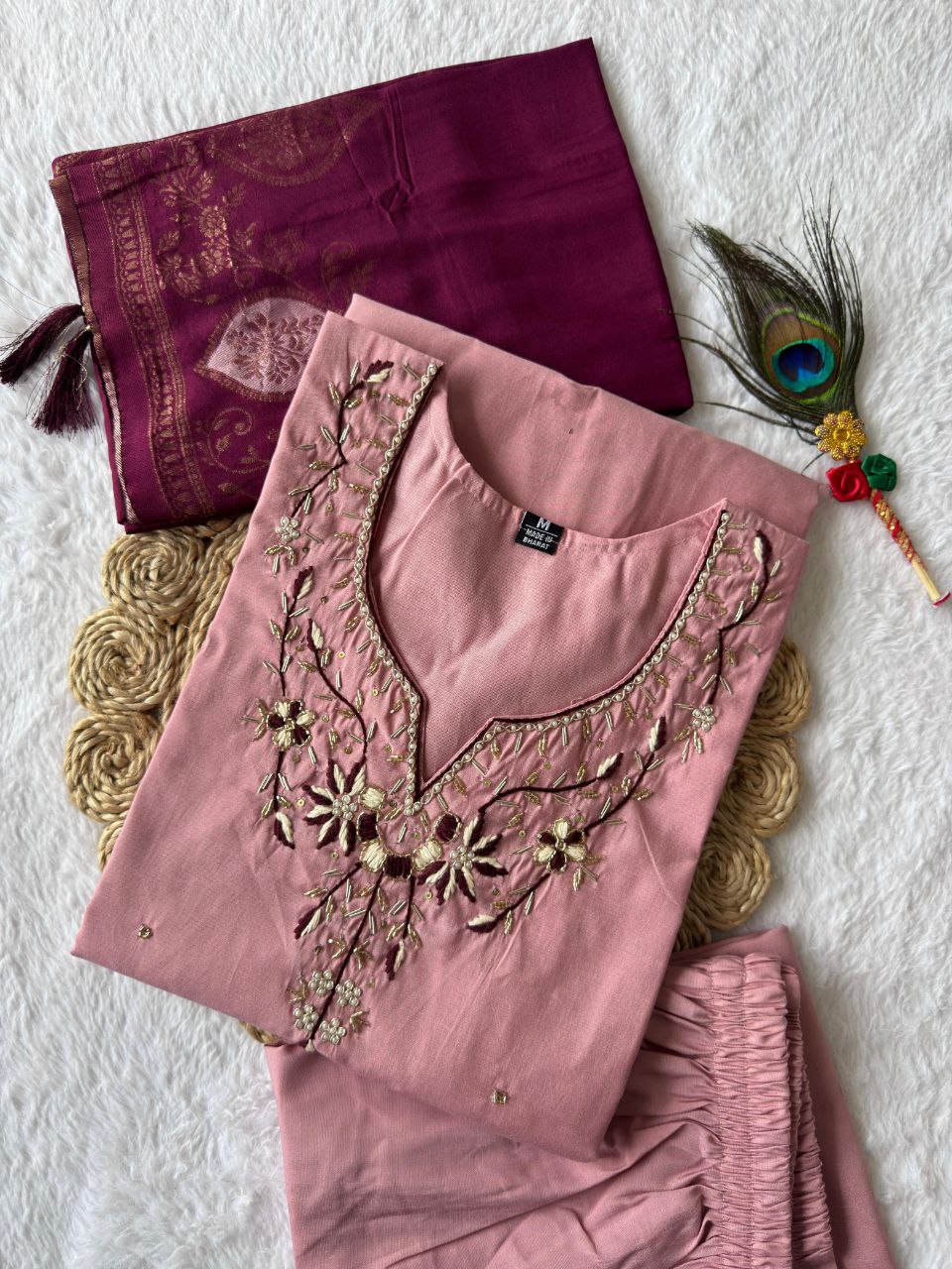 Pink Roman Silk Hand Work Kurta Set with Dupatta for Women