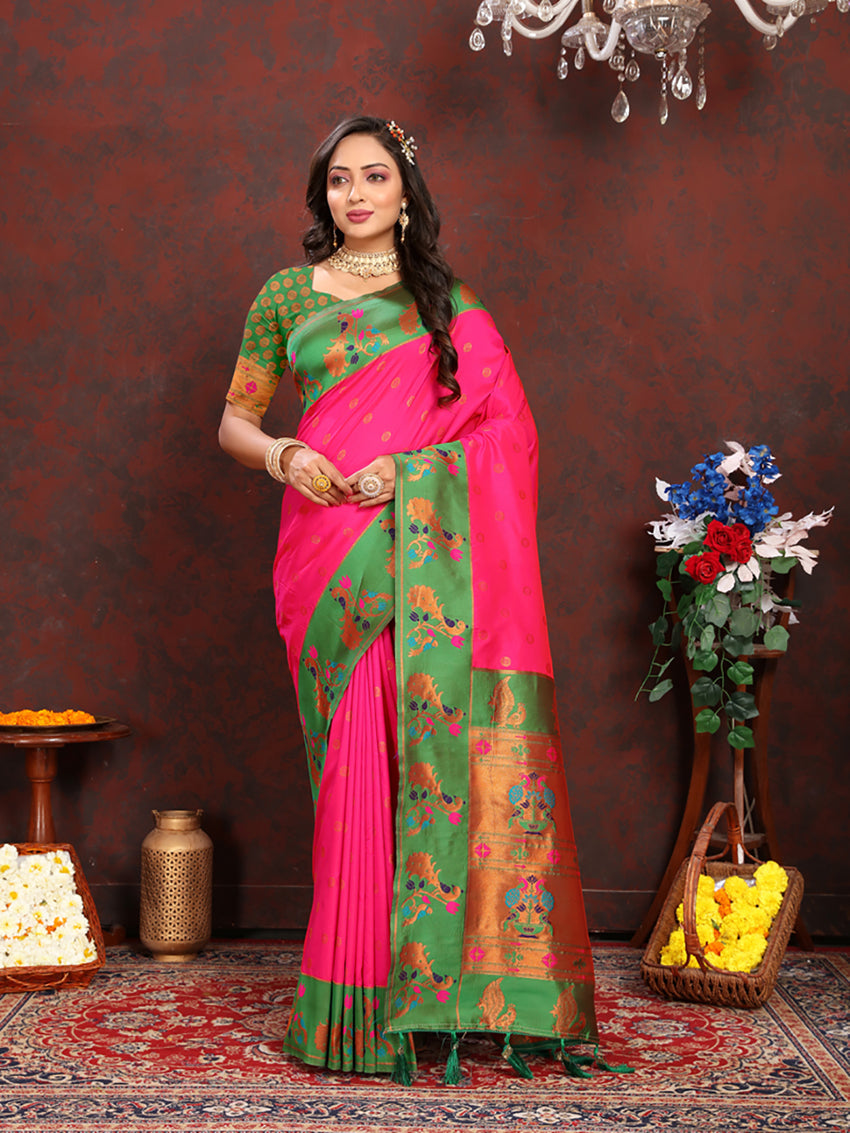 Pink Soft Paithani Silk Saree with intricate zari meenakari woven pallu