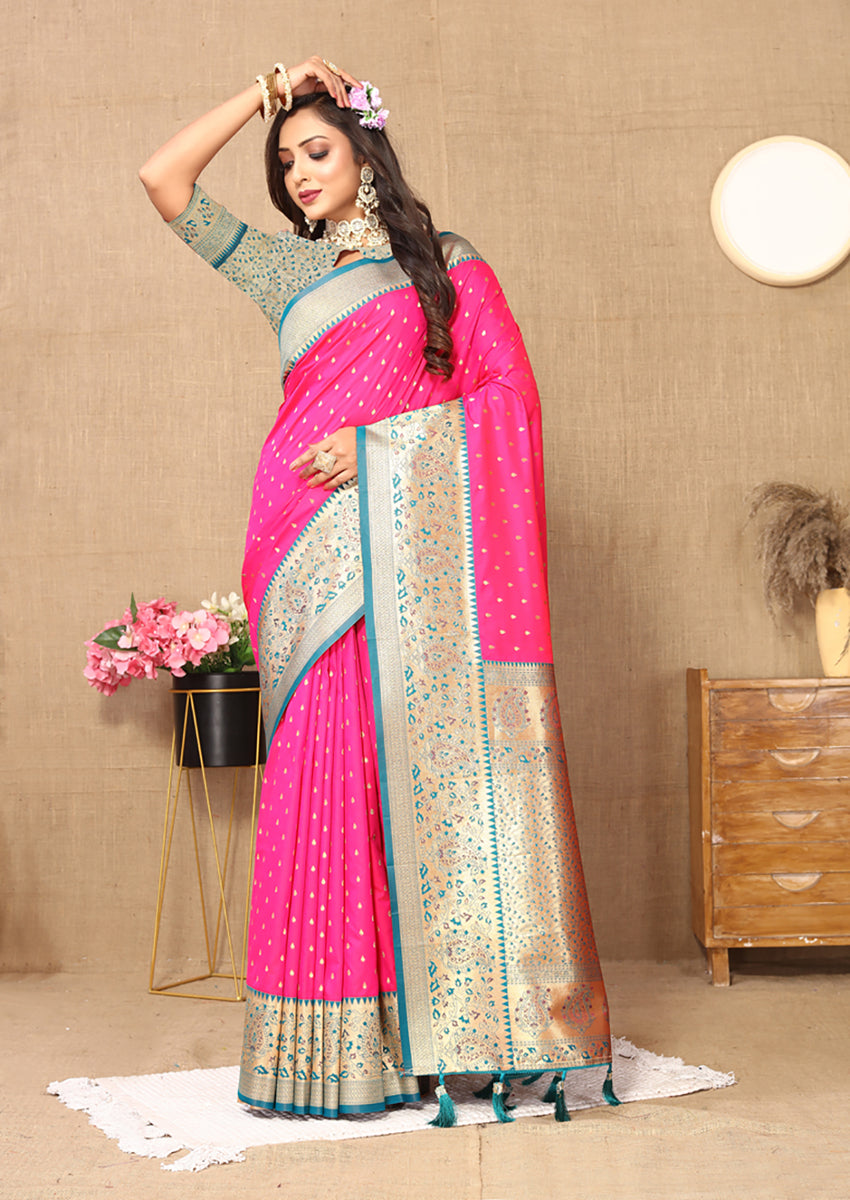 Lorenvalley Fashion Pink Soft Silk weaving Design Rich Zari Weaving Saree