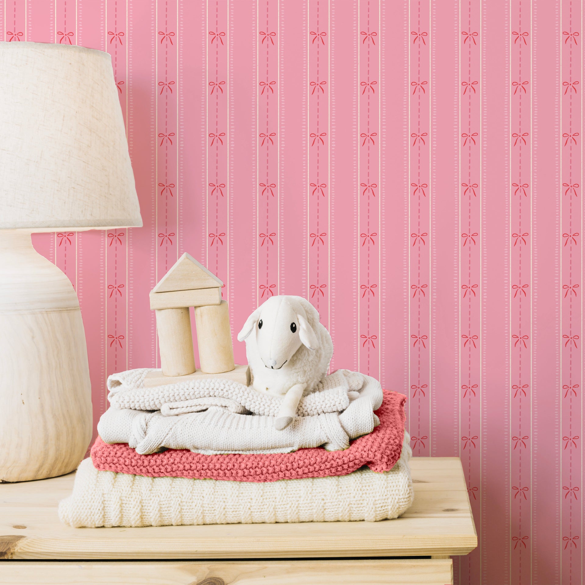 Lena Striped Wallpaper in Pastel Blue, Pink and Cream