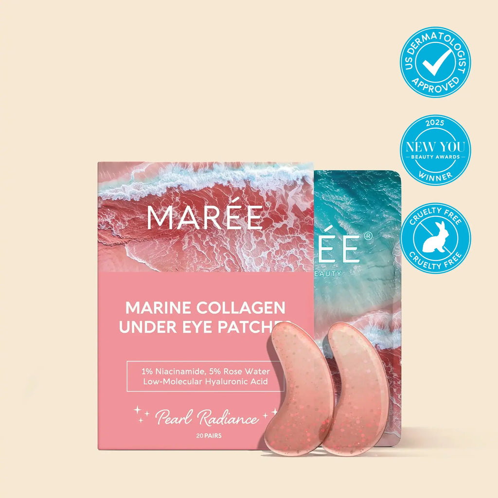 Pearl Radiance Marine Collagen Under Eye Patches with pink gel texture and key ingredient list.