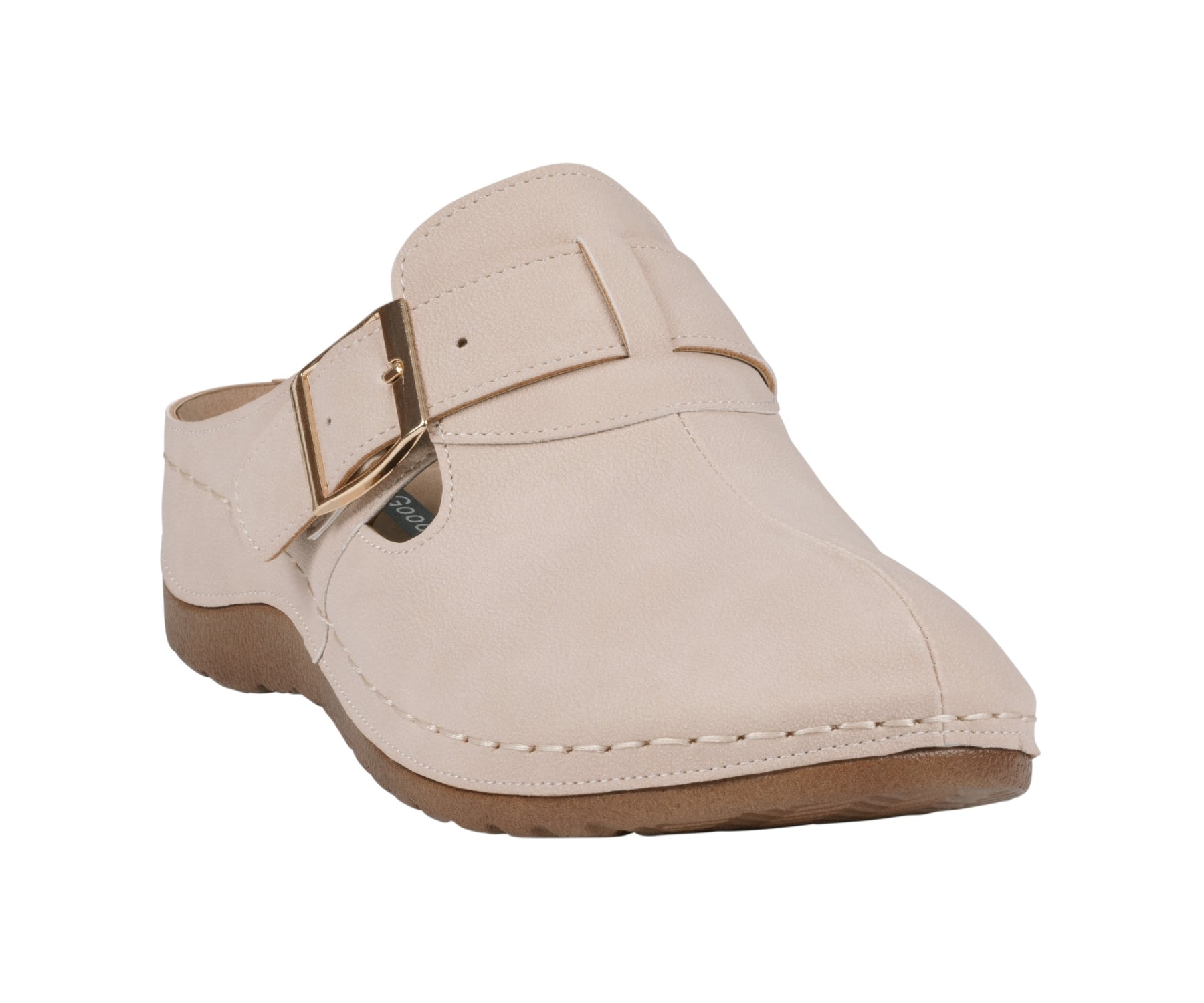 A pair of women's natural colored clogs featuring a gold buckle strap detail and a comfortable footbed.