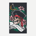 Oversized beach towel featuring a pirate skull with a captain's hat, sword, and flowers with the text The Captain.