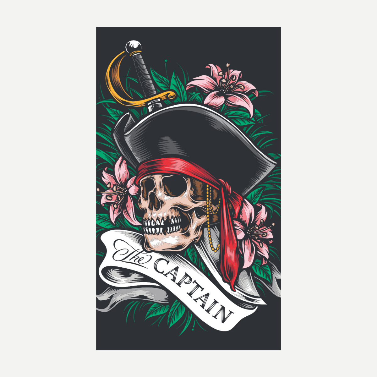 Oversized beach towel featuring a pirate skull with a captain's hat, sword, and flowers with the text The Captain.