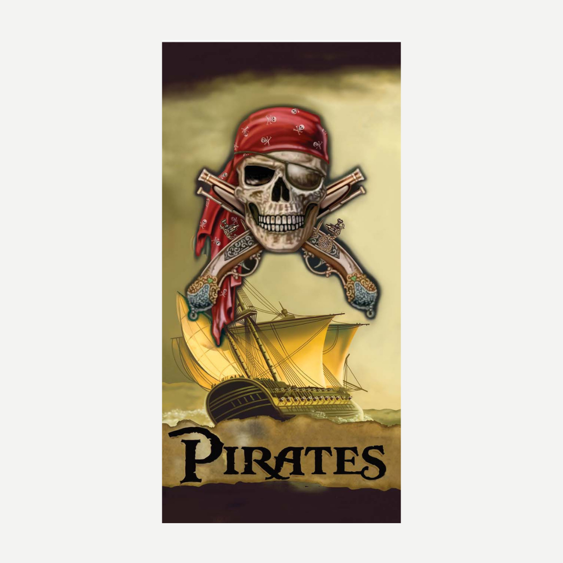A soft microfiber beach towel featuring a detailed graphic of a pirate ship sailing on crashing waves under a stormy sky.