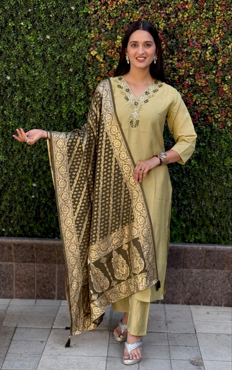 Pista Roman Silk Hand Work Kurta Pant Set with Dupatta