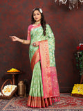 Pista green and fuchsia pink silk saree with rich Meenakari woven pallu