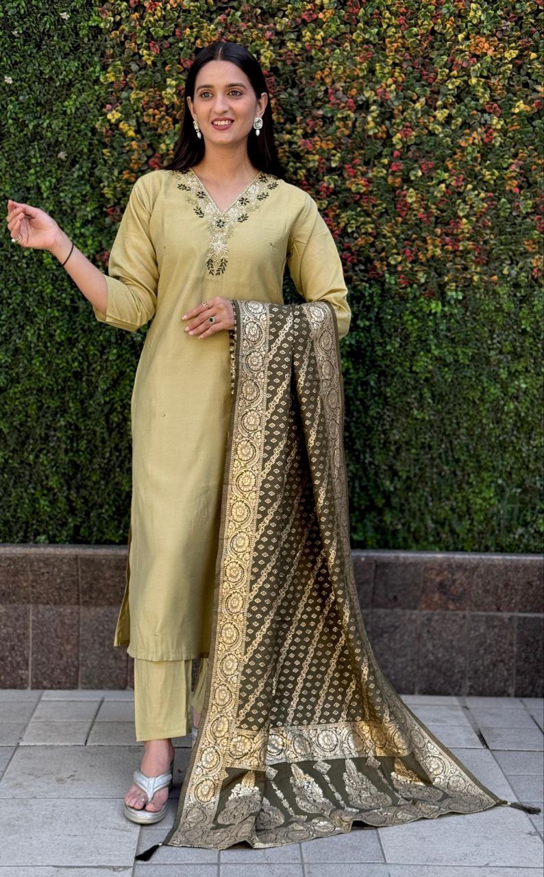 Pista Roman Silk Hand Work Kurta Pant Set with Dupatta