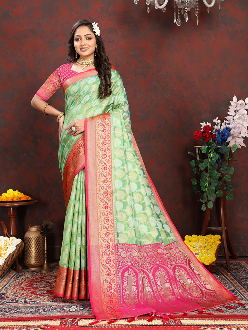 Pista Organza Silk Saree with Rich Meenakari Pallu