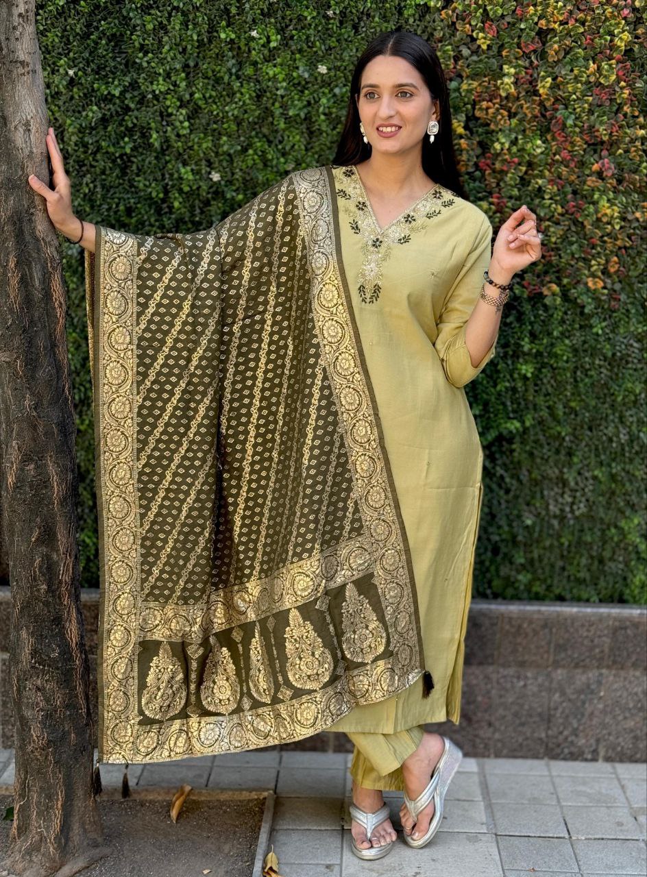 Pista Roman Silk Hand Work Kurta Pant Set with Dupatta