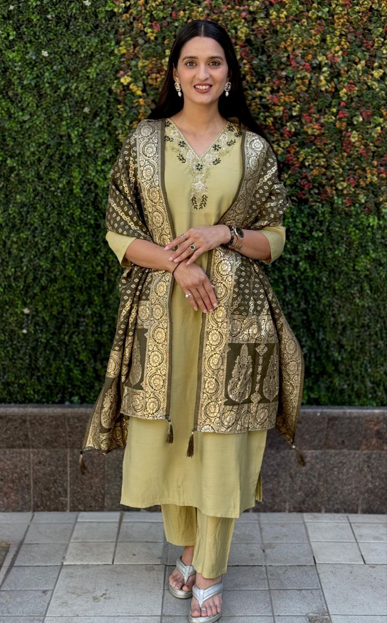 Pista Roman Silk Hand Work Kurta Pant Set with Dupatta