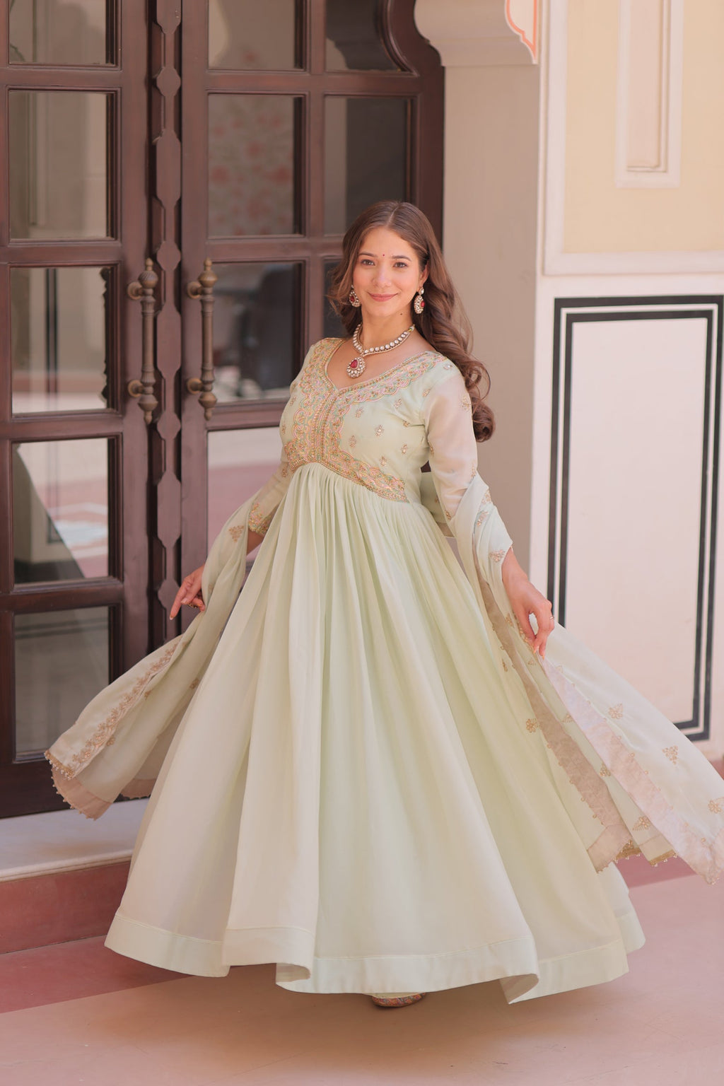 Lorenvalley Fashion Pista Star Georgette with Beads & Sequins Multi Embroidered work Anarkali Gown with Dupatta