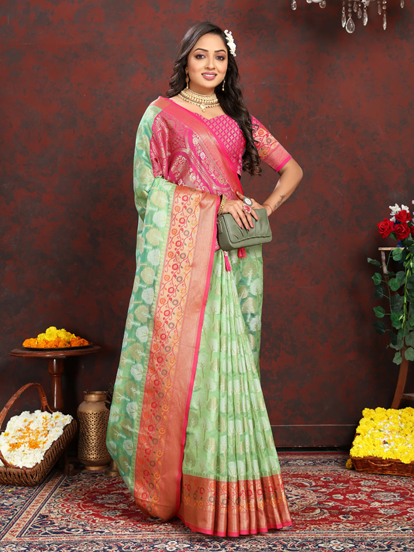Pista Organza Silk Saree with Rich Meenakari Pallu