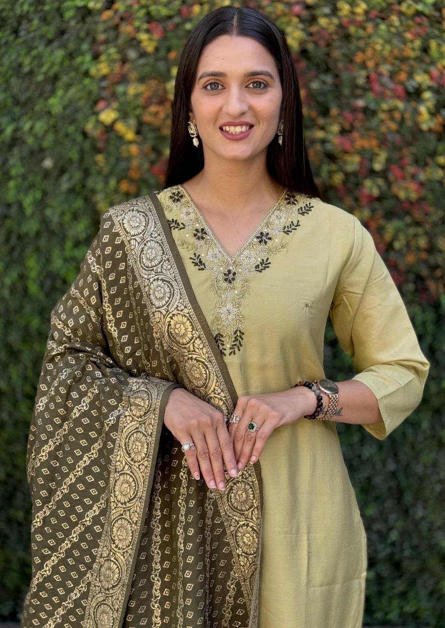 Pista Roman Silk Hand Work Kurta Pant Set with Dupatta
