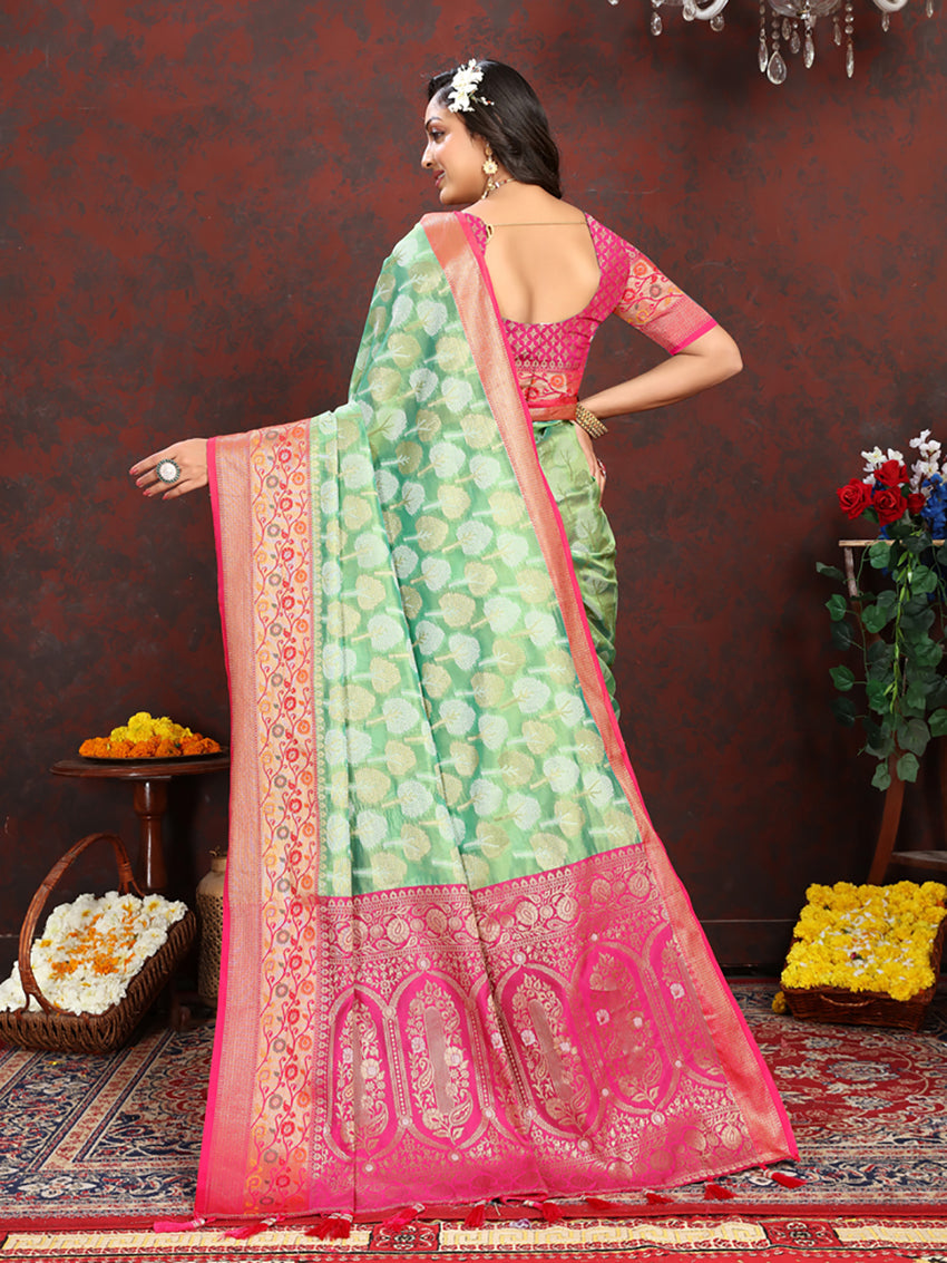 Pista Organza Silk Saree with Rich Meenakari Pallu