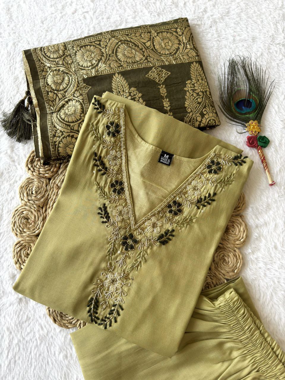 Pista Roman Silk Hand Work Kurta Pant Set with Dupatta