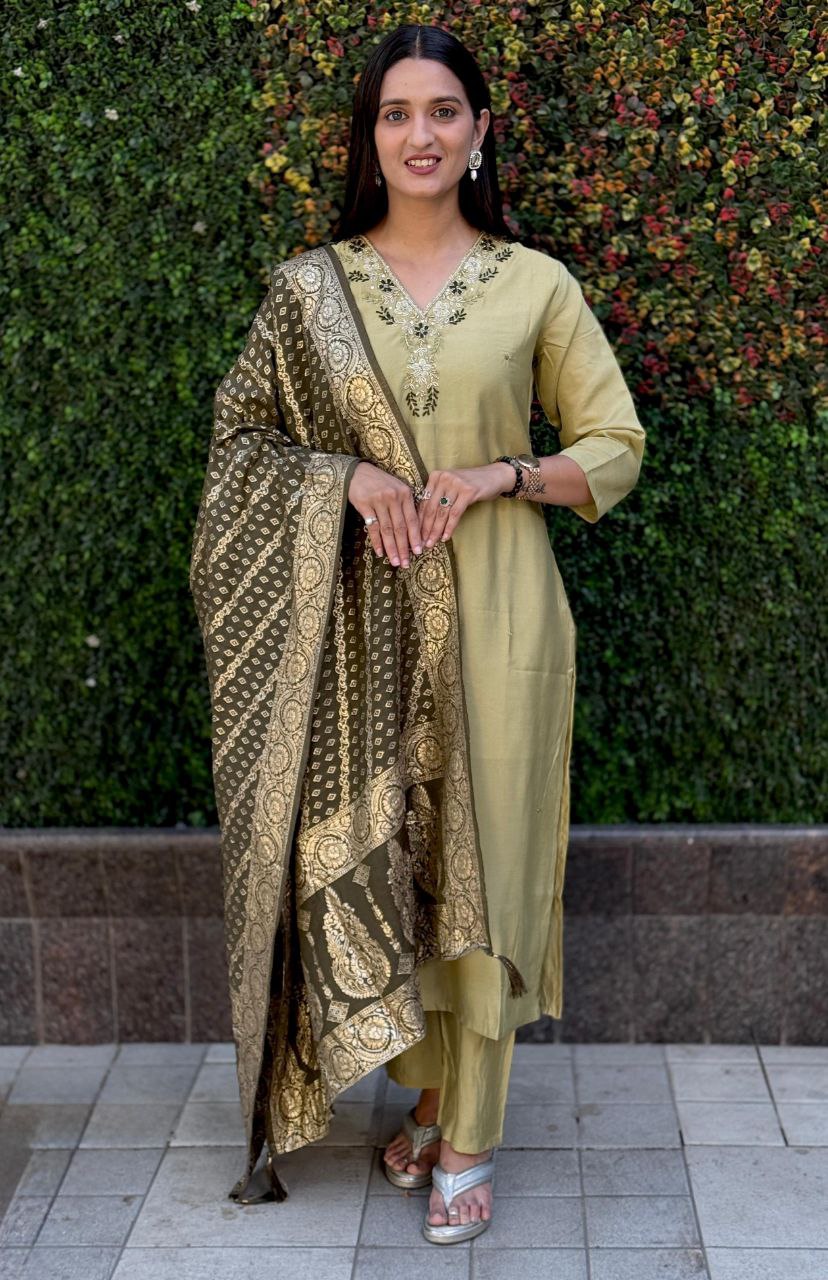 Pista-green Roman silk kurta set with hand-work detailing, including pant and dupatta