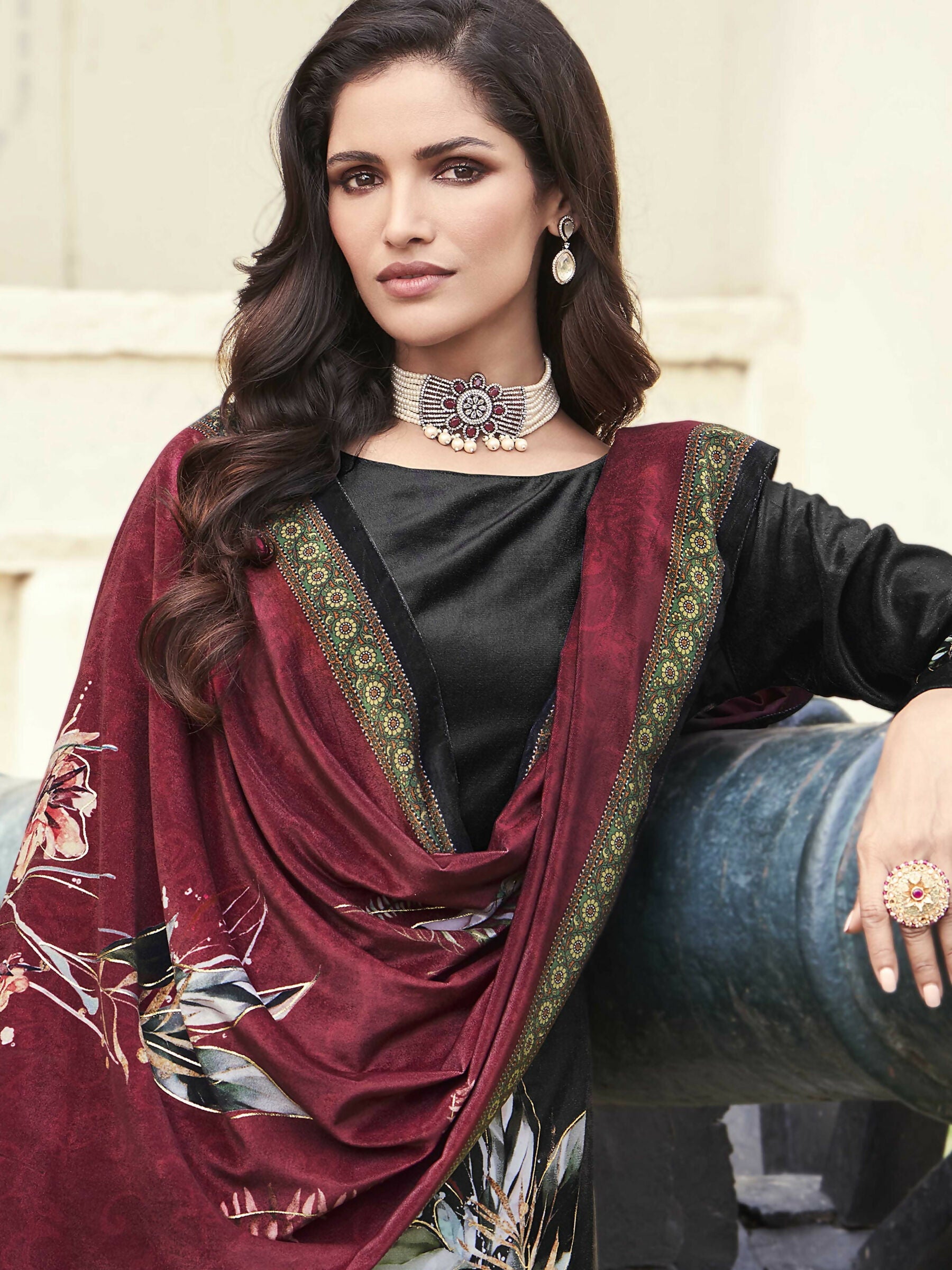 Women's Black Velvet Floral Digital Printed Straight Kurta Set