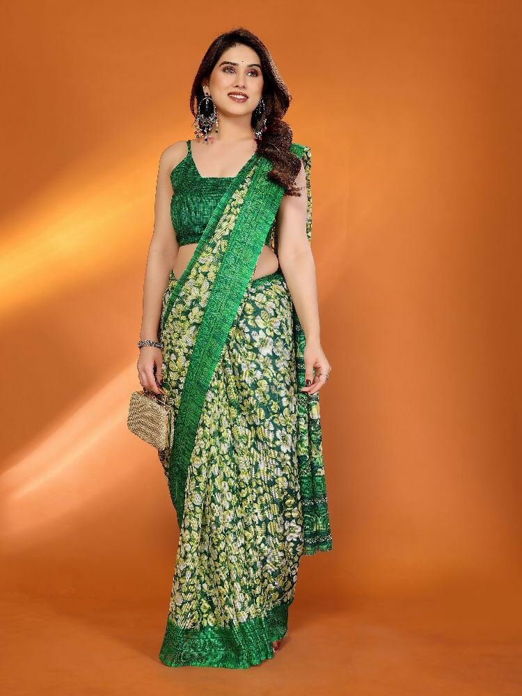 Green Kota Doria Printed Saree with Matching Blouse