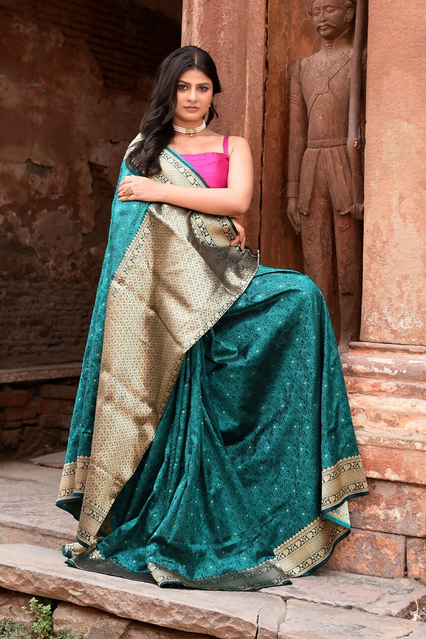 Green Banarasi Katan Handloom Silk Saree Traditional Drape