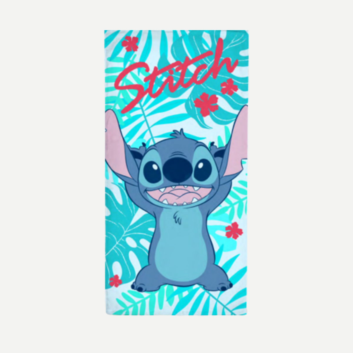 A rectangular beach towel featuring Disney's Stitch character with blue palm leaves and red hibiscus flowers on a light blue background.