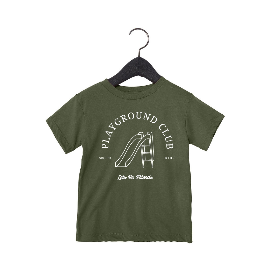 Kids cotton crew neck t-shirt with Playground Club graphic print in olive green
