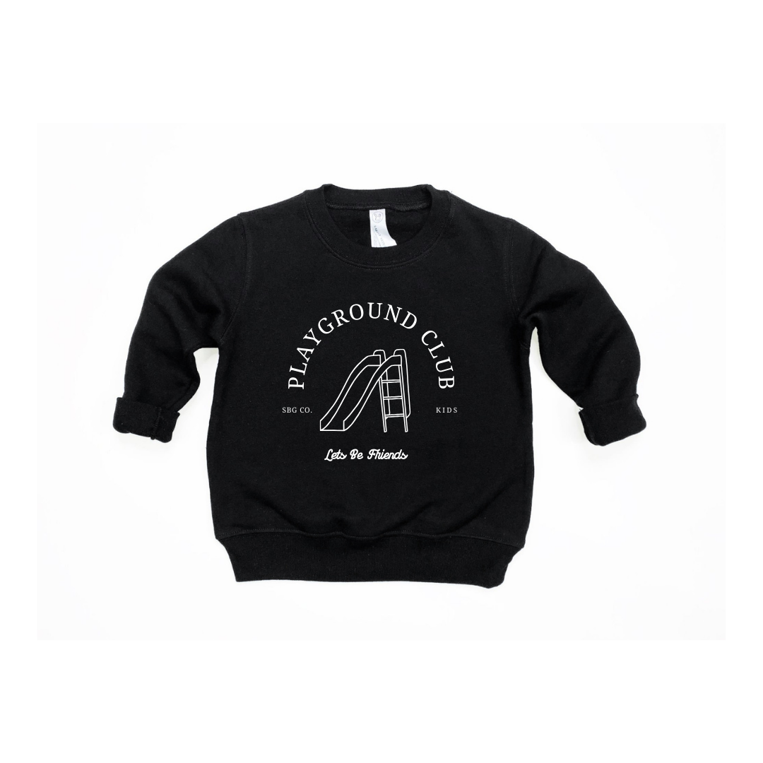 Playground Club kids sweatshirt in black and white knit fabric with a playful graphic.