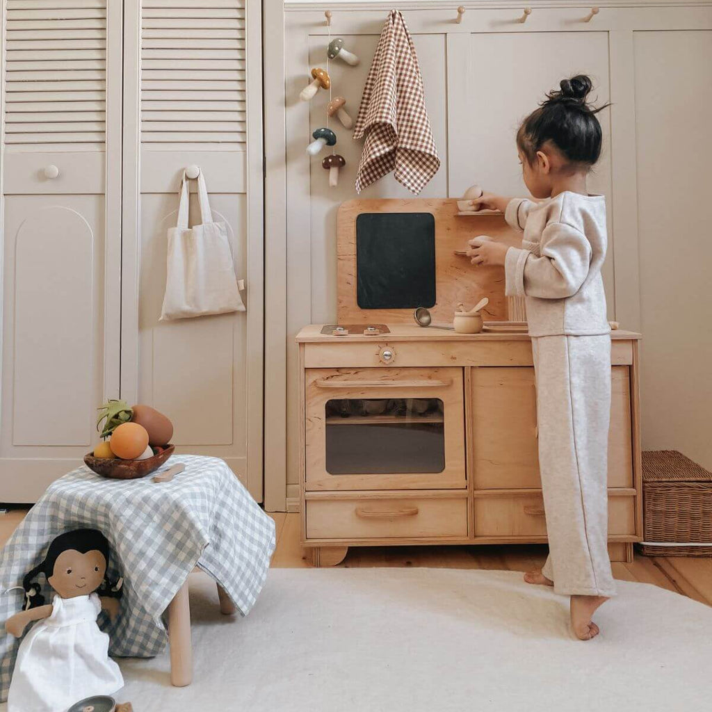 Natural Wooden Play Kitchen for Toddler Pretend Play