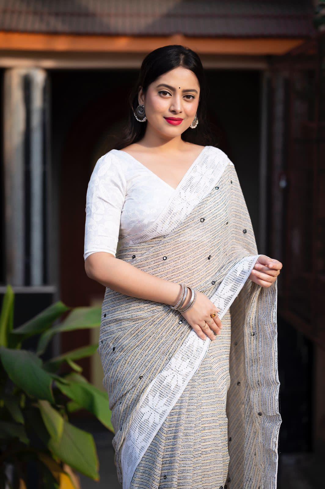 Grey Poly Georgette Saree with Aari Mirror Border