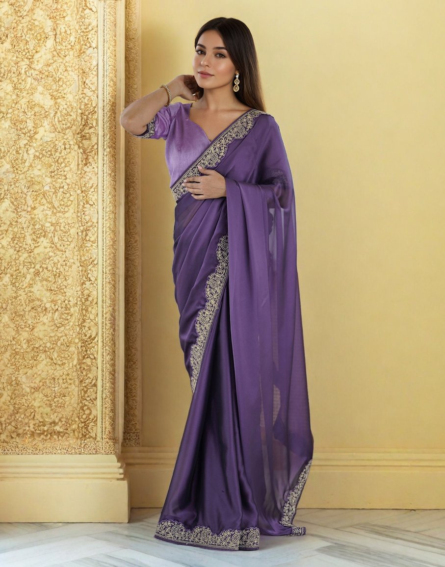 Lavender Rangoli Silk saree featuring intricate coding embroidery lace work and matching blouse