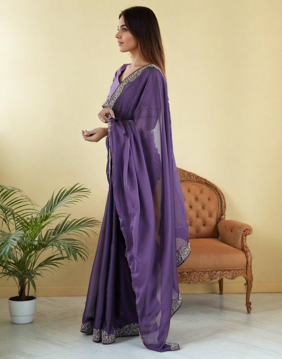 Lavender Rangoli Silk Saree with Elegant Coding Lace Embroidery