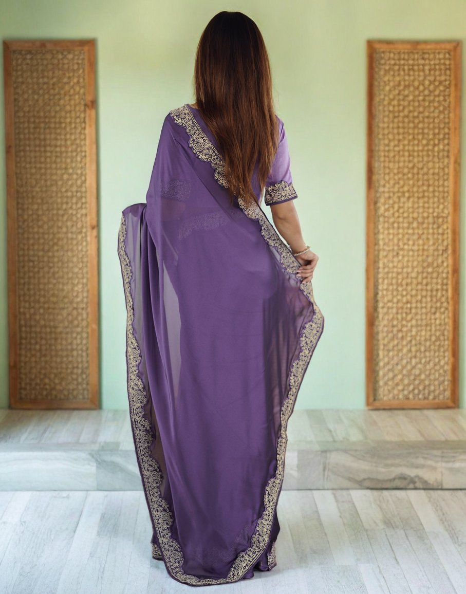 Lavender Rangoli Silk Saree with Elegant Coding Lace Embroidery