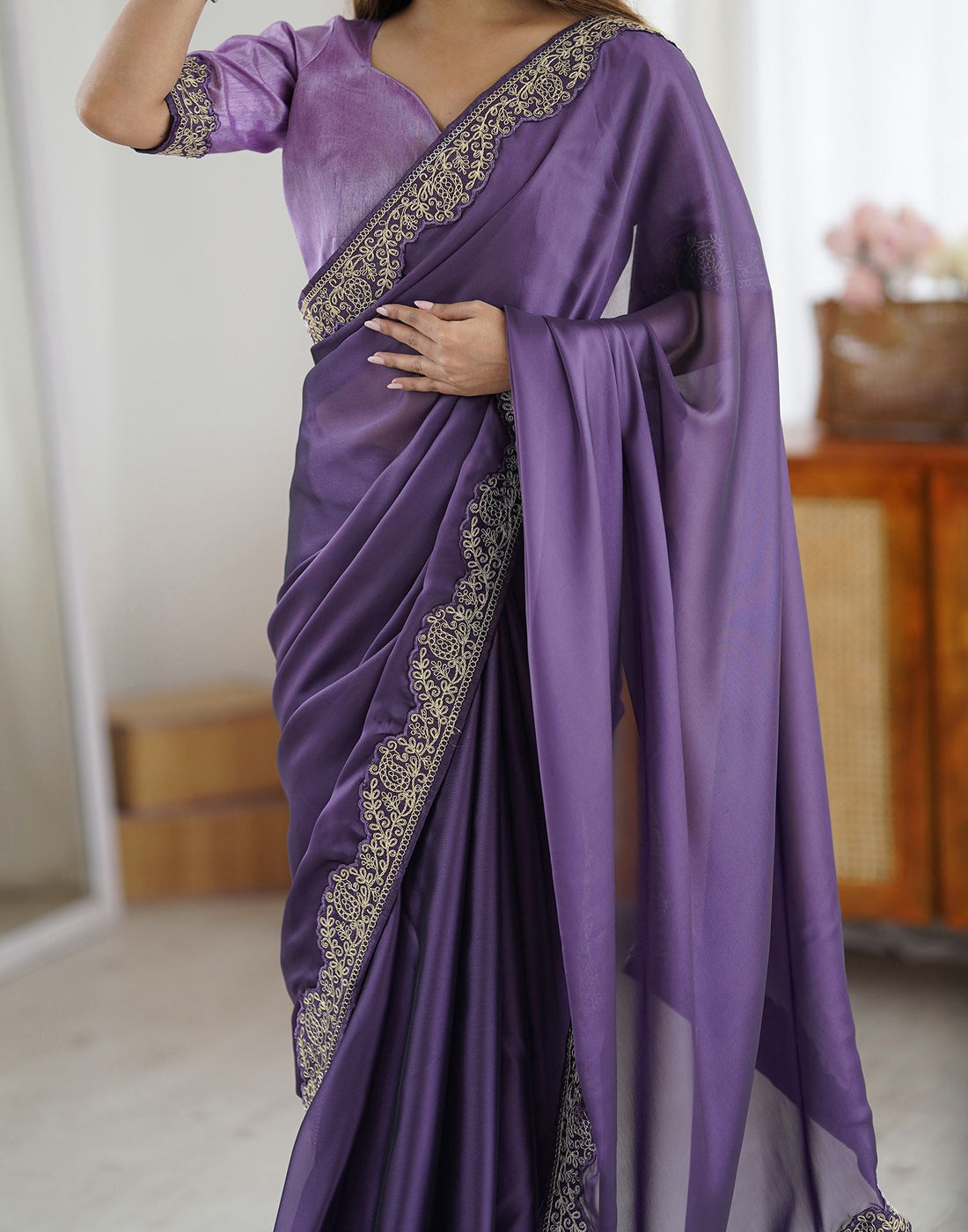 Lavender Rangoli Silk Saree with Elegant Coding Lace Embroidery