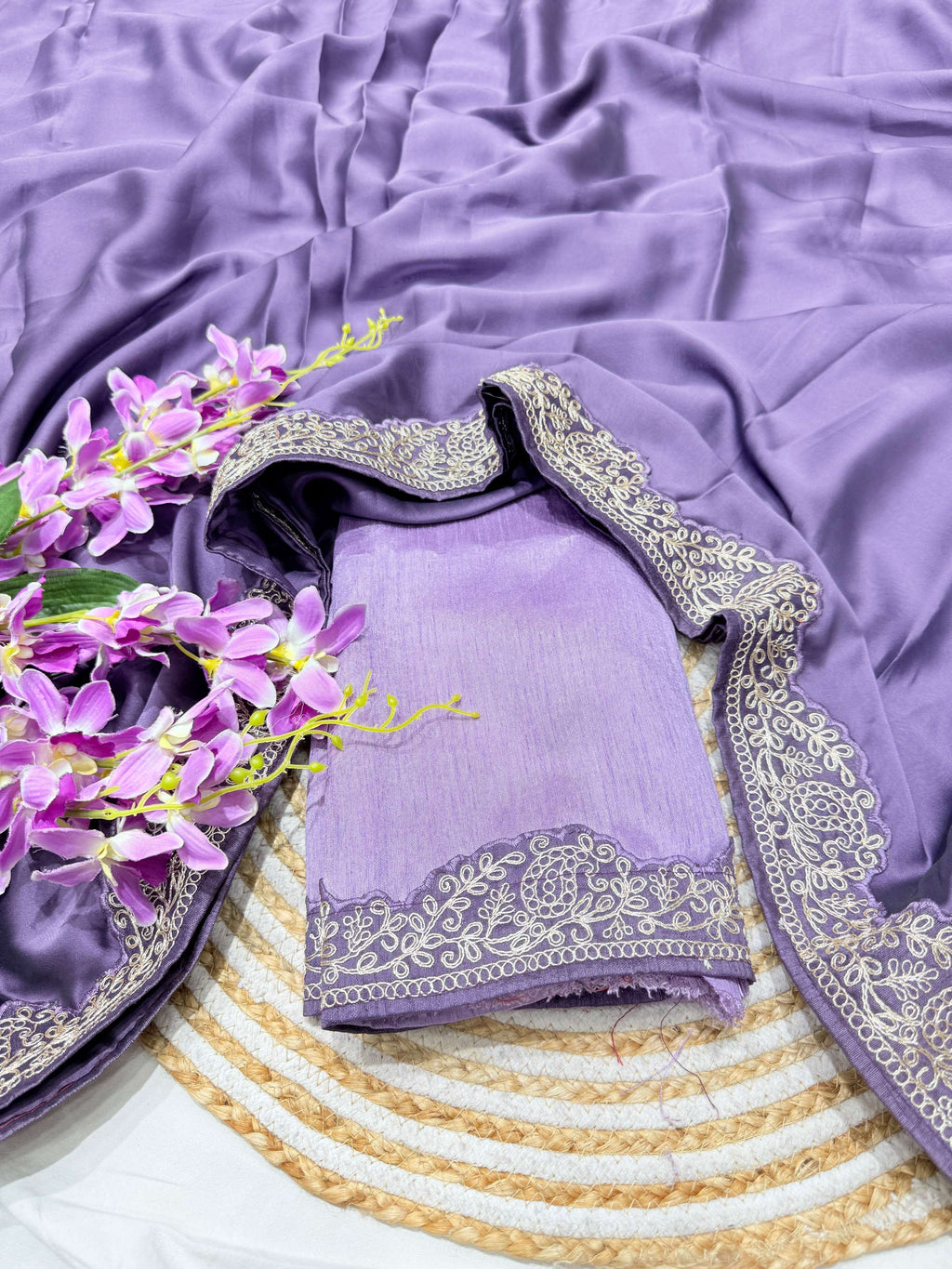 Lavender Rangoli Silk Saree with Elegant Coding Lace Embroidery