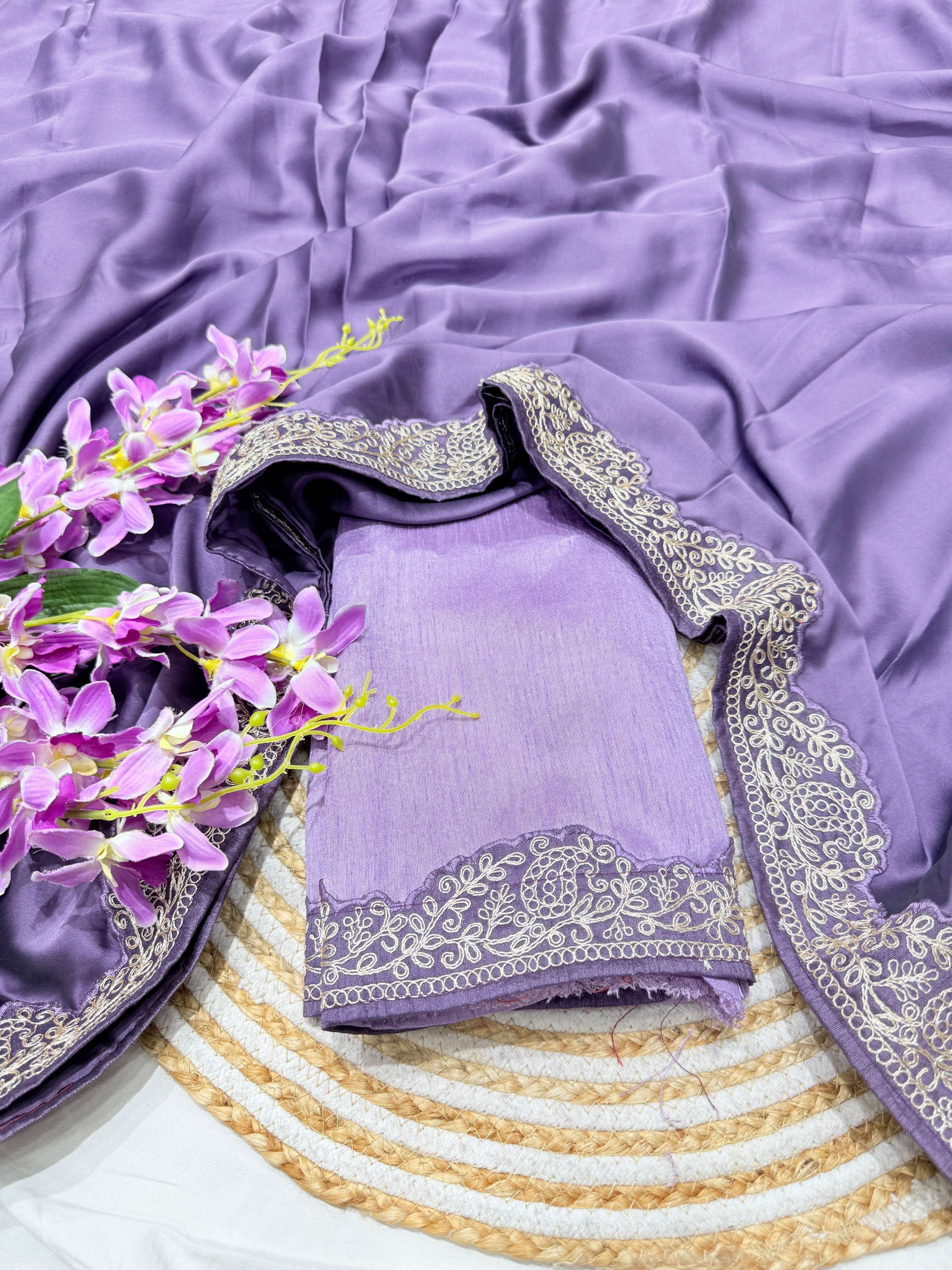 Lavender Rangoli Silk Saree with Elegant Coding Lace Embroidery
