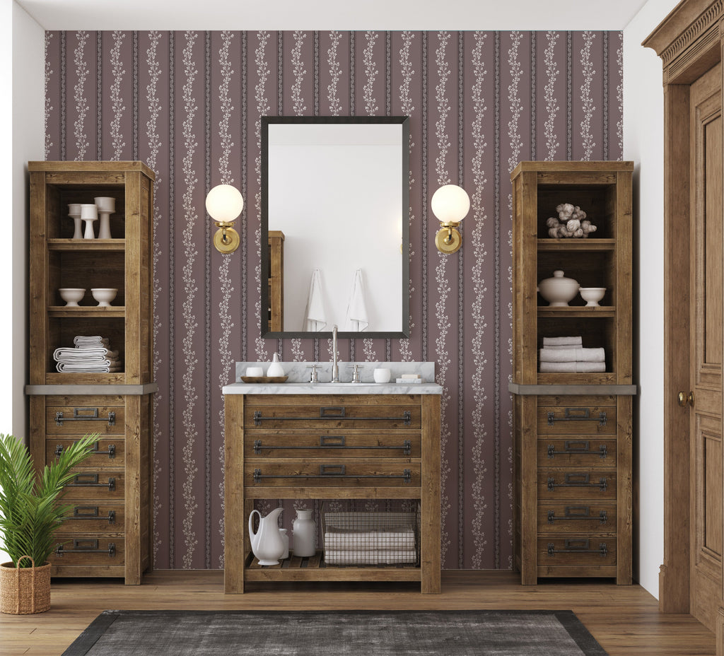 Miller Striped Wallpaper in Green and Mauve - Traditional Style