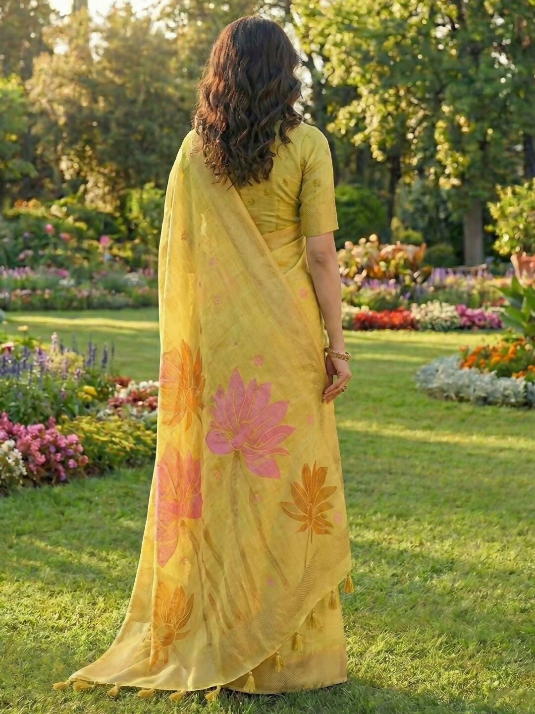 Yellow Linen Cotton Saree with Matching Blouse Piece