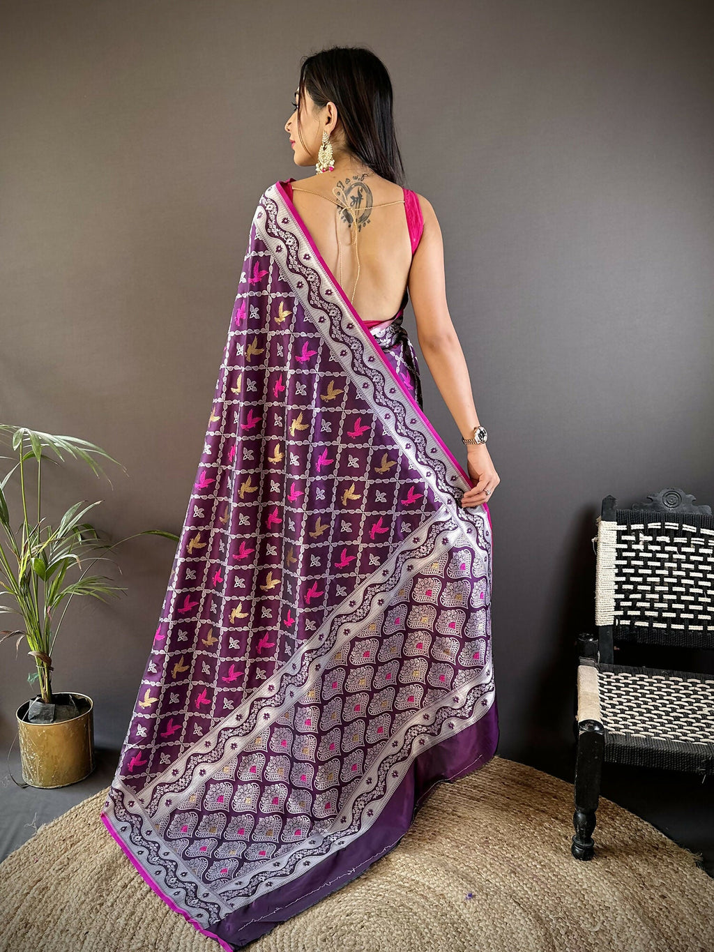 Purple Jacquard Woven Lichi Soft Silk Banarasi Saree with Blouse