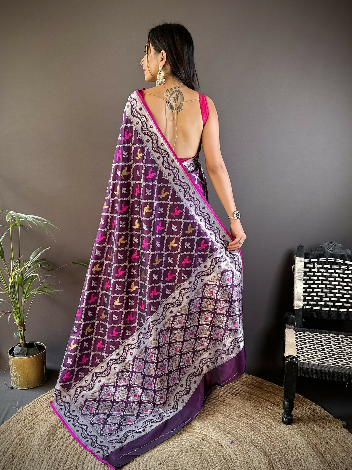 Purple Jacquard Woven Lichi Soft Silk Banarasi Saree with Blouse