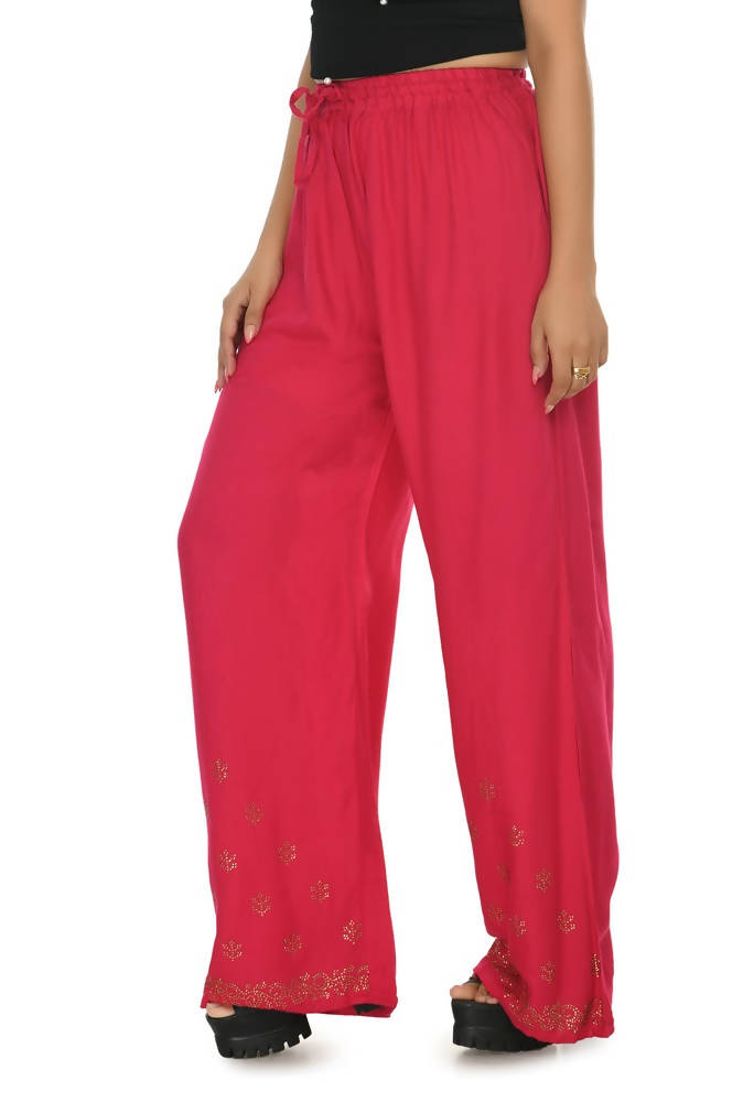 Red Rayon Cotton Palazzo Pants with Traditional Sirsoki Embroidery